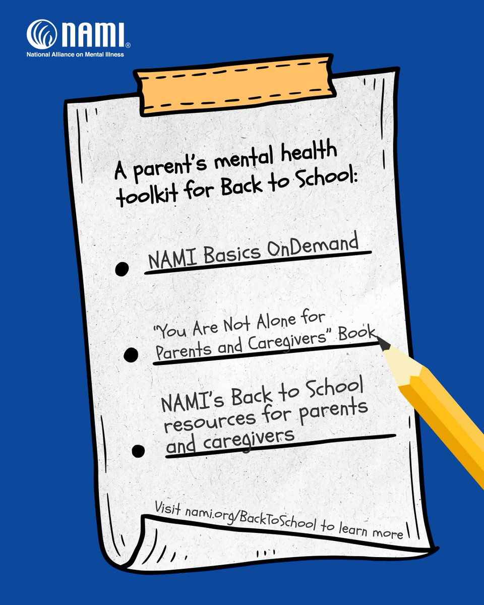 NAMICommunicate's tweet image. Save this post when back to school prep begins — you’ll thank yourself for remembering these mental health tips for you and your child.
From wellness routines to conversation starters—NAMI has you covered. nami.org/BackToSchool