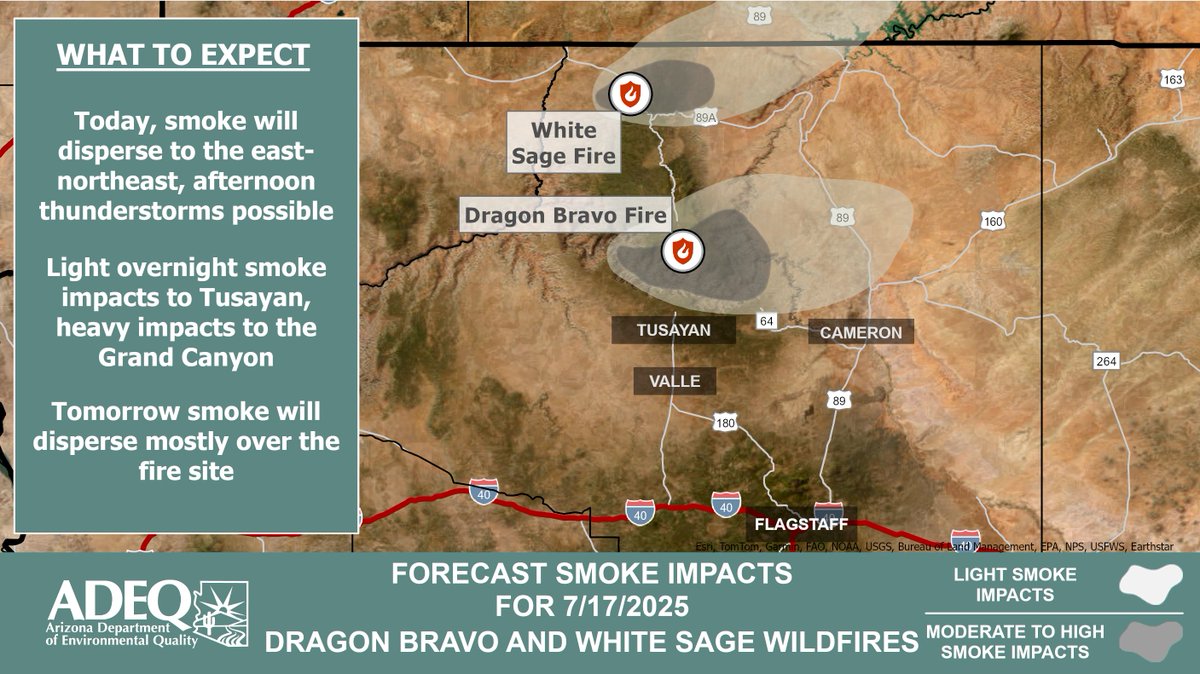 ArizonaDEQ's tweet image. 🚨ADEQ has UPDATED the #DragonBravo and #WhiteSage Wildfire Smoke Forecast.
See how #smoke is affecting your local community: #Tusayan #Cameron #Valle #Flagstaff 🔥
Learn More ➡️ azdeq.gov/wildfire/forec…
#AZFire #AZWildfire