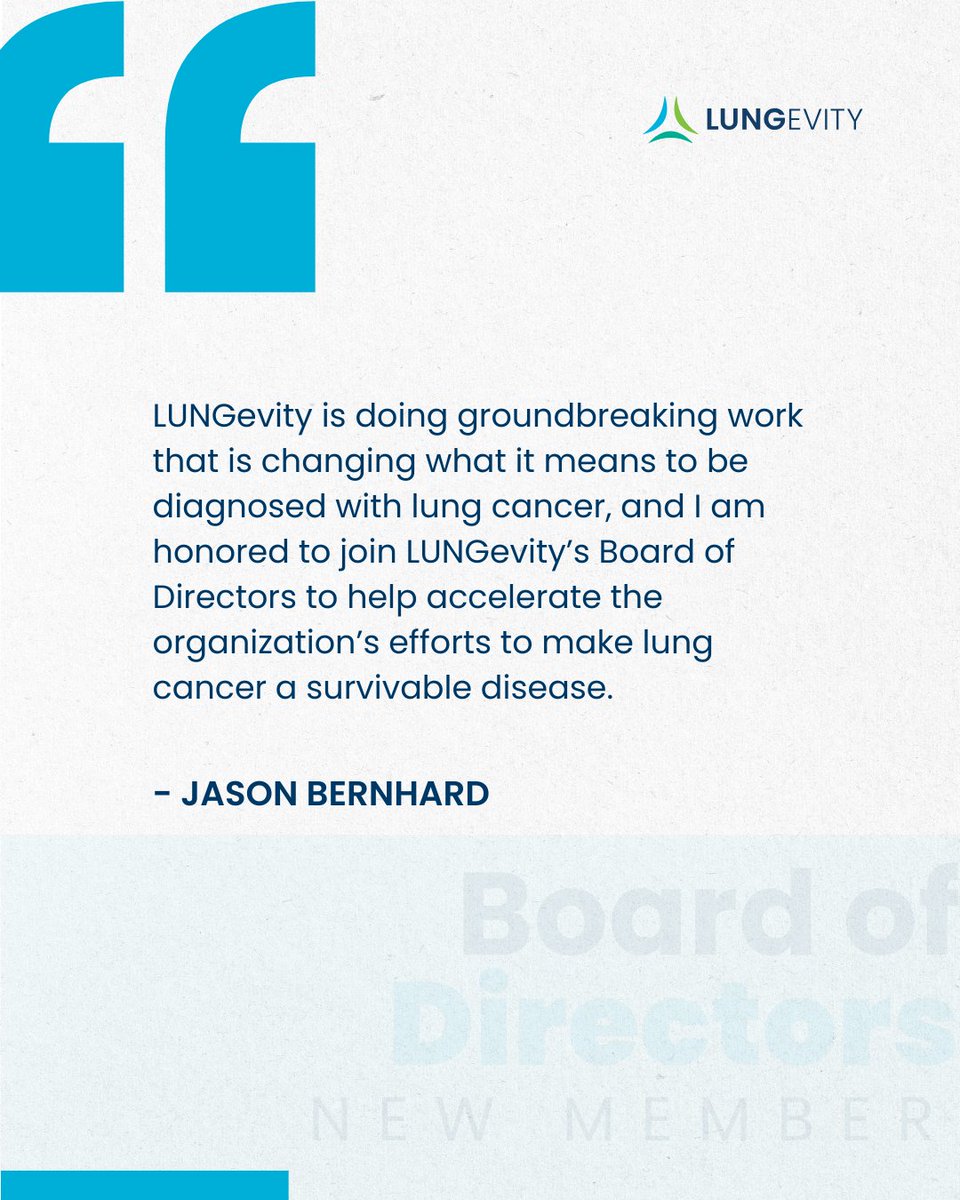 LUNGevity's tweet image. LUNGevity Foundation proudly announces the appointment of Jason Bernhard, Managing Director and Global Chief Operating Officer of Financial Advisory at @Lazard, to its Board of Directors.
Learn more by visiting lungevity.org/news/media-rel…