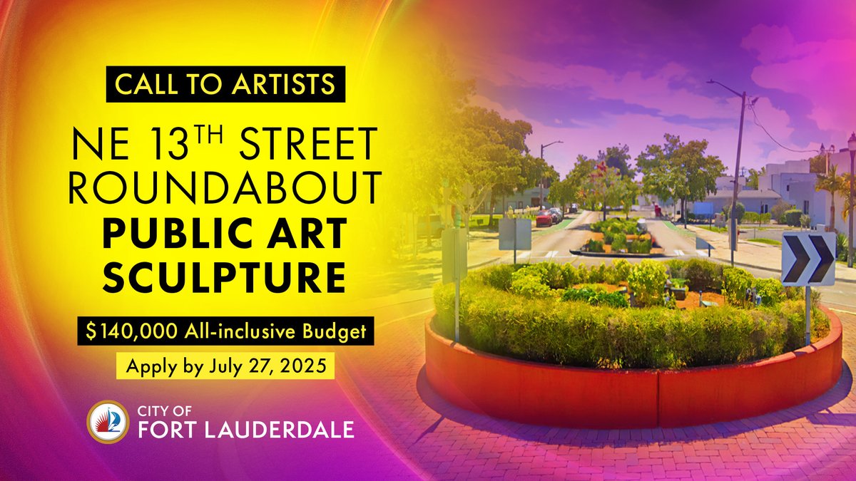 Calling all artists! 🎨 Design a bold sculpture for the NE 13th St Roundabout in Fort Lauderdale. Show the spirit of our city through your art.
💰 $140K budget
🗓️ Apply by Sun 7/27
More: 🔗 ftlcity.info/NE13St-Sculptu…