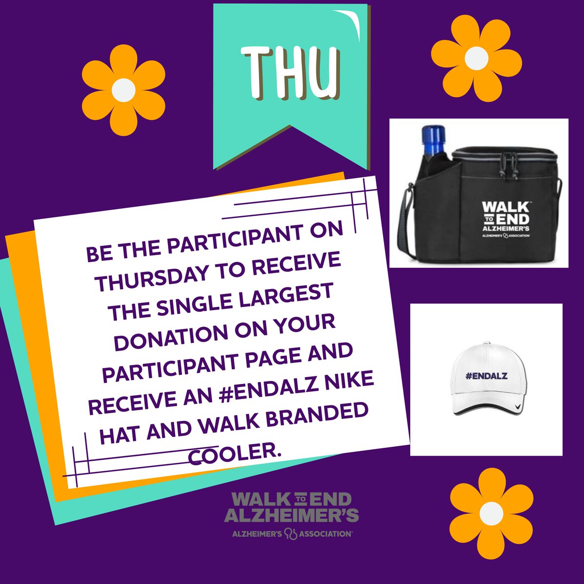 ALZNCA's tweet image. 💰 Thursday, July 17 – Be the participant who receives the single largest donation TODAY &amp;amp; take home an #ENDALZ Nike hat + a #Walk2EndAlz cooler! One winner from each of our six Walks. Sign up today at alz.org/ncawalks to join the fun! #SpiritWeekChallenge