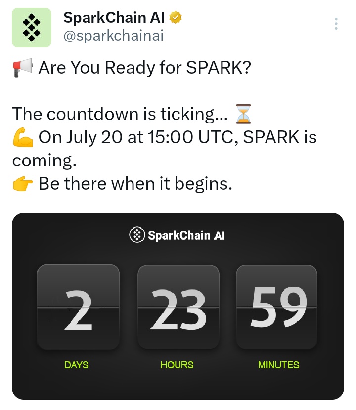 Tech_SalmanKhan's tweet image. The countdown is on... ⏳
$SPARK launches July 20 at 15:00 UTC! 🔥
✅ Email &amp;amp; wallet verification required for eligibility.
Are you ready? #SparkChain #Airdrop #Crypto
