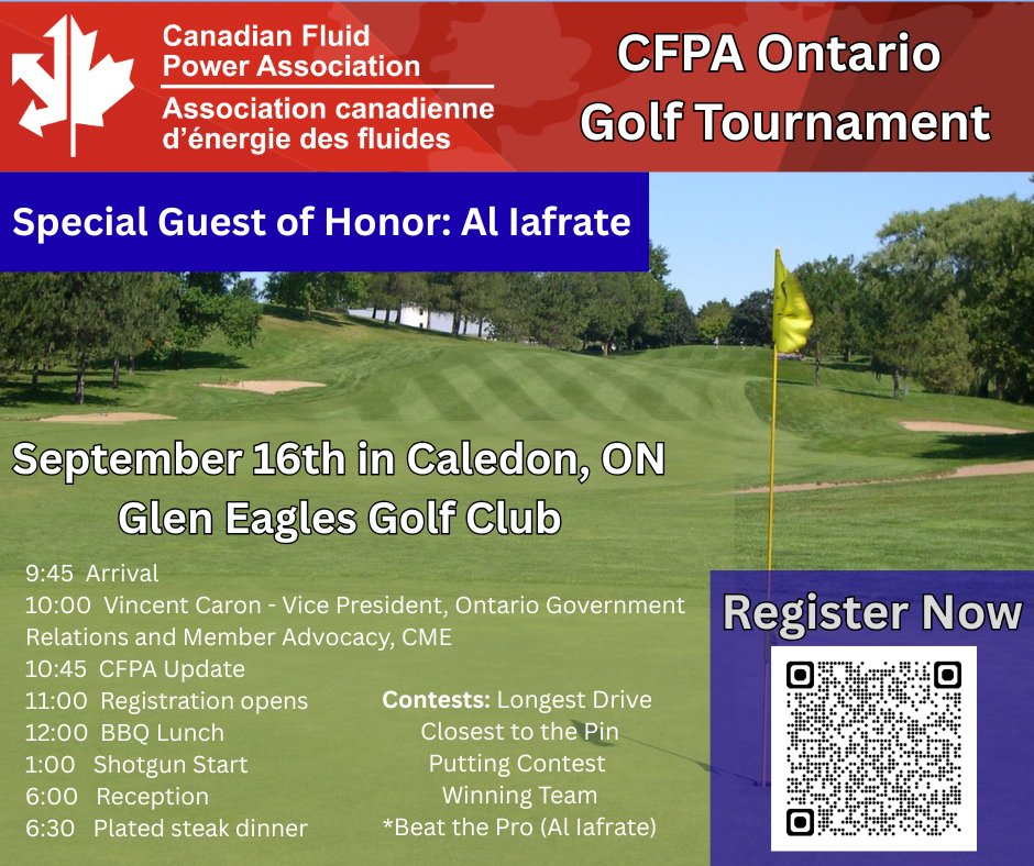 The CFPA Ontario Golf Tournament is open for registration. Don't miss out on this special event.
#CFPA #fluidpower #Canada #fluidpowerindustry #hydraulics #golf #manufacturing #ontario