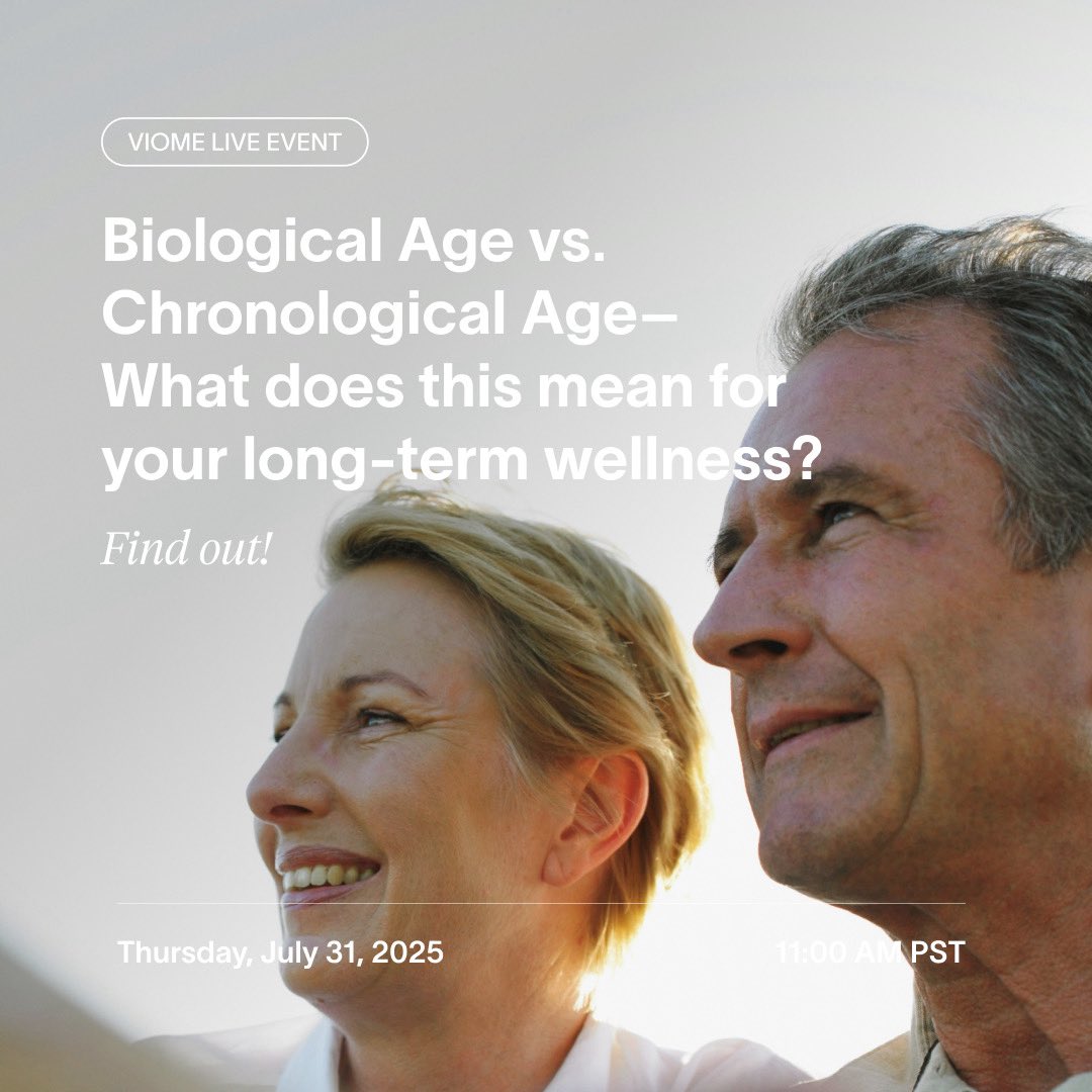 MyViome's tweet image. 🧬 Can your gut microbes help you age better?
Join Viome’s Dr. Momo live on July 31 to learn how microbial activity influences your healthspan.
🎙️ Free webinar → my.demio.com/ref/9VtjJY7KXq…
#LongevityScience #GutHealth #Microbiome #HealthyAging #Viome