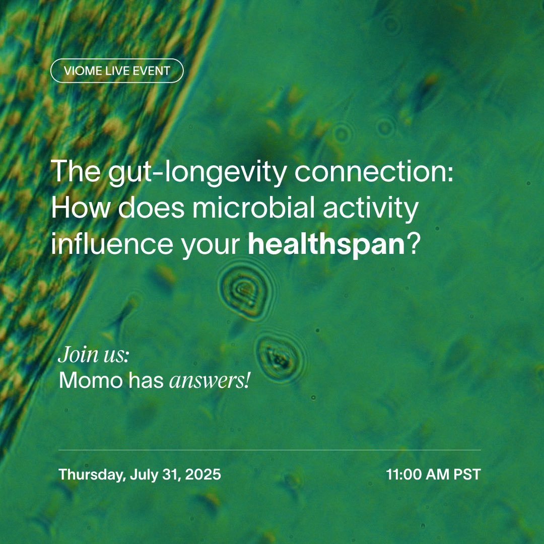 MyViome's tweet image. 🧬 Can your gut microbes help you age better?
Join Viome’s Dr. Momo live on July 31 to learn how microbial activity influences your healthspan.
🎙️ Free webinar → my.demio.com/ref/9VtjJY7KXq…
#LongevityScience #GutHealth #Microbiome #HealthyAging #Viome