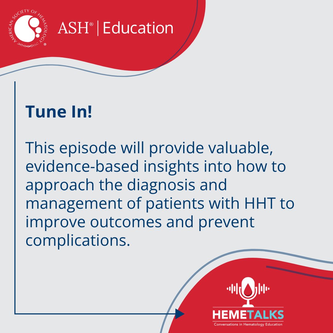 ASH_hematology's tweet image. Recurrent nosebleeds, AVMs, GI bleeding—what’s behind it?
In a new HemeTalks episode, Drs. @HannyAlSamkari and Hammill break down hereditary hemorrhagic telangiectasia in a real case and discuss how to diagnose and manage it. 🎧 ow.ly/vBaY50WqSrt