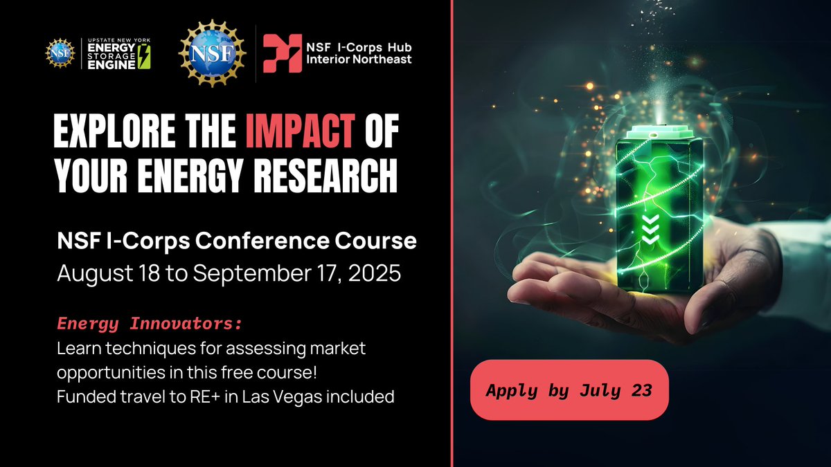 INicorps's tweet image. Energy innovators, explore the impact of your tech in this free @NSF #icorps course (8/18-9/17)! Features free customer discovery training, funded travel to @REPlusEvents, and mentorship. Apply by 7/23: tfaforms.com/5172906