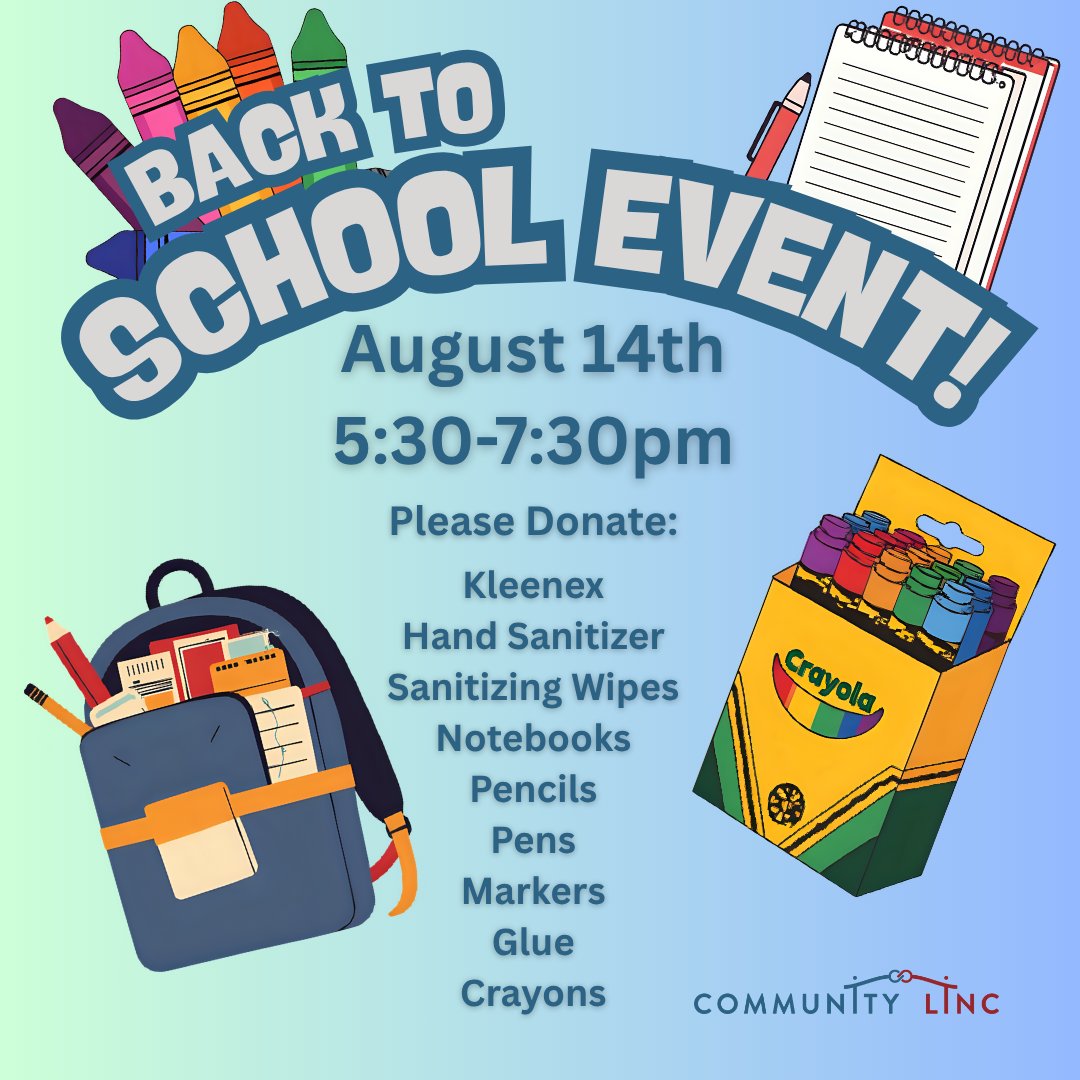 Community LINC (@communitylinc) on Twitter photo 📚 Help us send kids back to school with confidence! We’re collecting donations for our Back to School event—every backpack, supply, and dollar makes a difference!
Email volunteer@communitylinc.org to arrange a dropoff!
🗓️ Donate by August 7 to make an impact! 📚 Help us send kids back to school with confidence! We’re collecting donations for our Back to School event—every backpack, supply, and dollar makes a difference!
Email volunteer@communitylinc.org to arrange a dropoff!
🗓️ Donate by August 7 to make an impact!