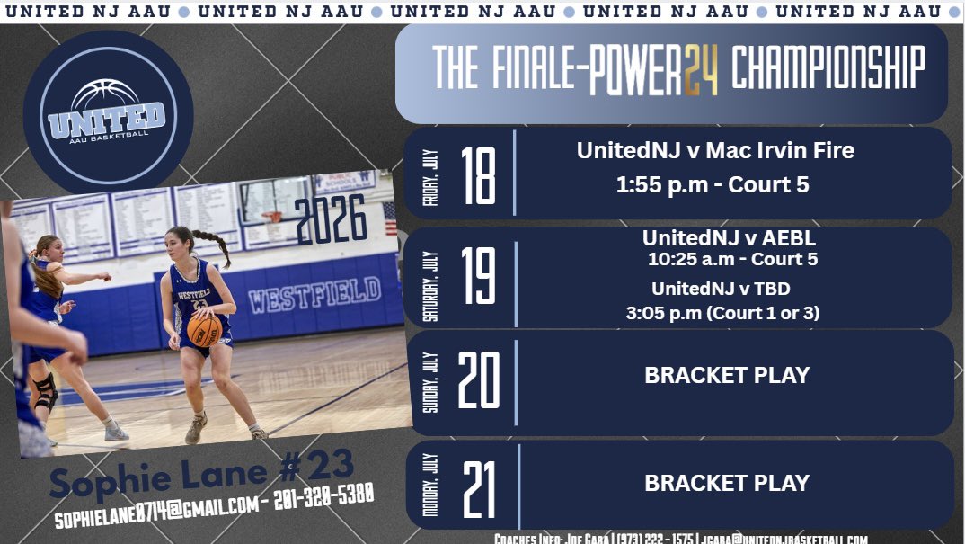 So grateful to be apart of this journey with <a href="/unitedNJaau/">United NJ AAU</a> 💙🩵 Last aau tournament ever!! Come check out our United 17u Power 24 team compete!
<a href="/CoachGaba/">Coach Joe Gaba</a> <a href="/CoachJimmy_O/">Jimmy Ostaszewski</a> <a href="/CoachMcKeonWHS/">Liz McKeon</a>