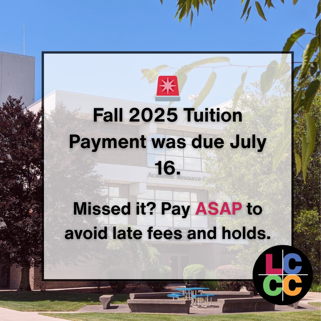 LCCC (@lehighcarboncc) on Twitter photo 🚨 Fall 2025 tuition was due yesterday July 16!
Still haven’t paid? Take action now to avoid fees or holds.
📲 Log in to myLCCC to pay or set up a payment plan.
📞 Need help? Contact bursar1@mymail.lccc.edu or 610-799-1157
#LCCC #TuitionReminder #Fall2025 🚨 Fall 2025 tuition was due yesterday July 16!
Still haven’t paid? Take action now to avoid fees or holds.
📲 Log in to myLCCC to pay or set up a payment plan.
📞 Need help? Contact bursar1@mymail.lccc.edu or 610-799-1157
#LCCC #TuitionReminder #Fall2025