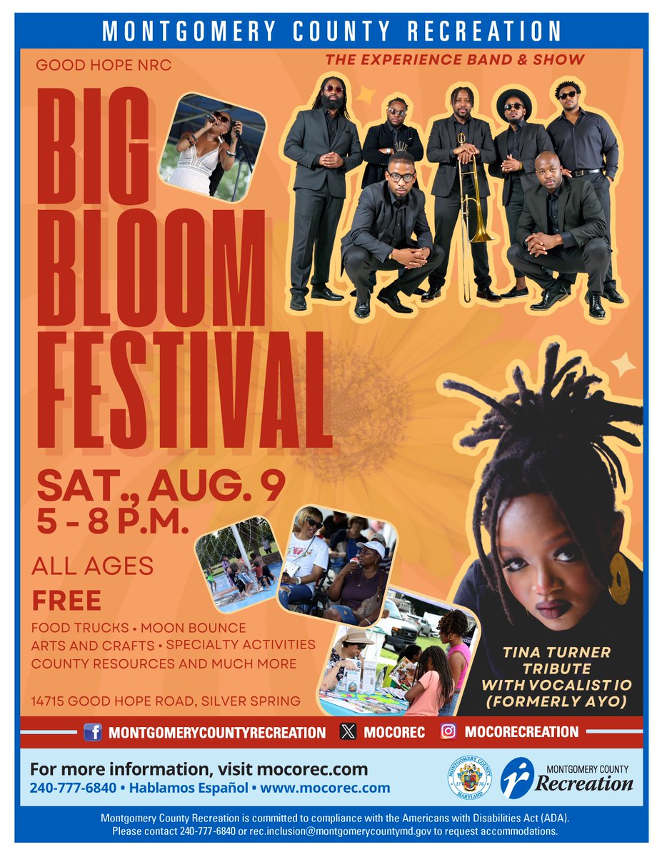 MoCoRec's tweet image. Save the date! The Big Bloom Festival returns to Good Hope Neighborhood Recreation Center on Saturday, Aug. 9, with musical performances, food trucks, a moon bounce, arts and crafts, county resources and much more fun for the whole family! #MoCoRec 🎵💃