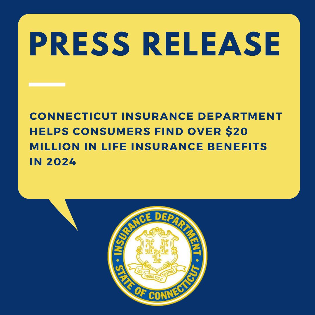 📣PRESS RELEASE📣

CONNECTICUT INSURANCE DEPARTMENT HELPS CONSUMERS FIND OVER $20 MILLION IN LIFE INSURANCE BENEFITS IN 2024

Read more: portal.ct.gov/cid/press-rele…

#CT #CID #DOI #Insurance #WeveGotYourBack