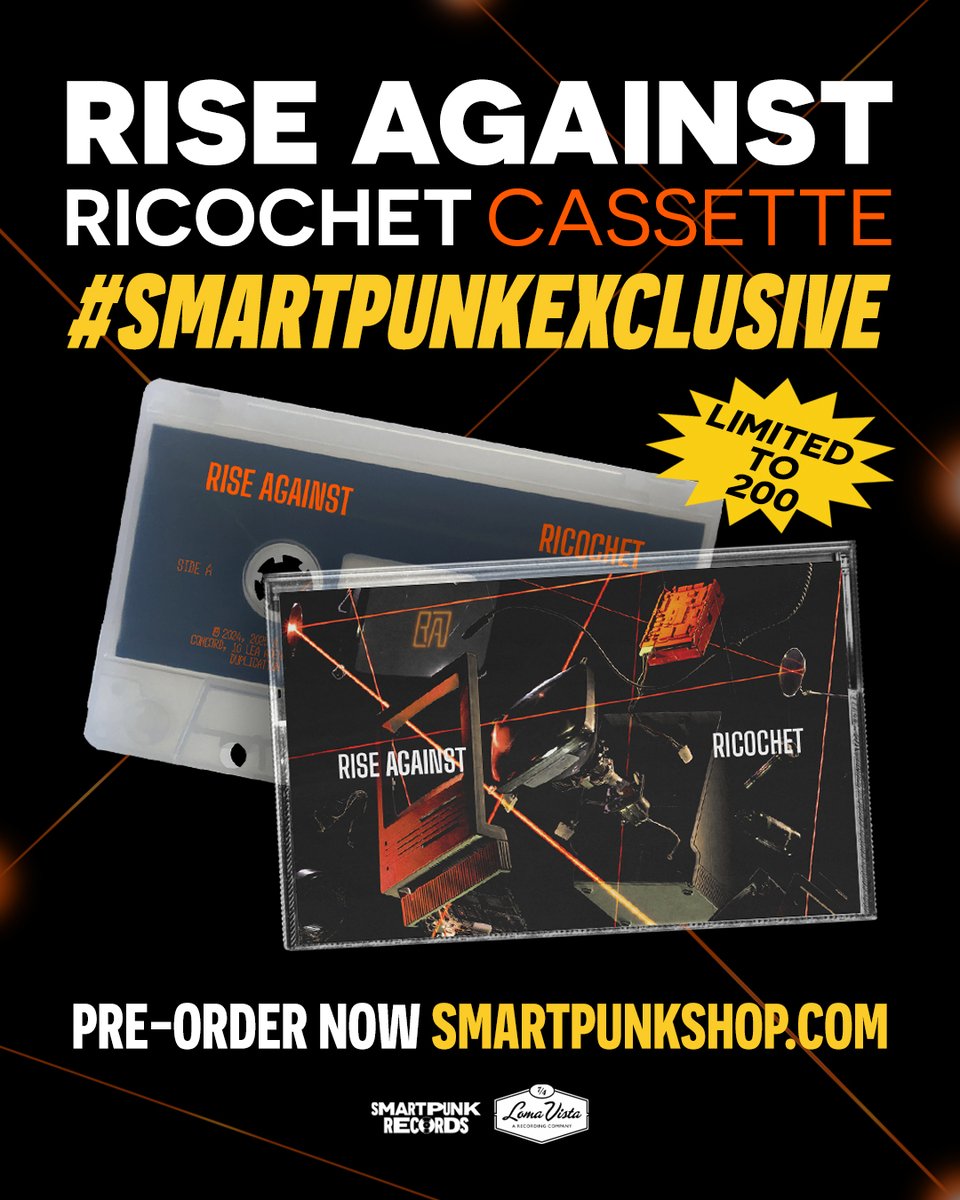 smartpunk's tweet image. RISE AGAINST &quot;RICOCHET&quot; CASSETTE ONLY AT SMARTPUNK RECORDS. We couldn&apos;t pass up the opportunity to get a #SmartpunkExclusive of the highly anticipated upcoming return album from @riseagainst, &quot;Ricochet&quot;. Limited to 200 copies. On sale August 15th. 
smartpunkshop.com/products/rise-…
