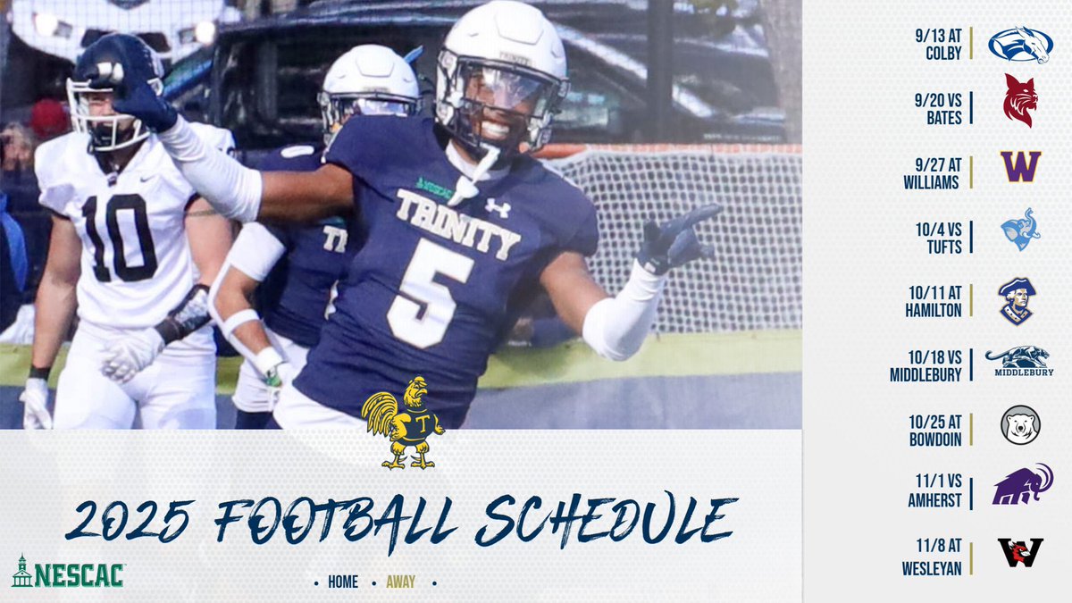 TrinCollFB's tweet image. 🏈 It’s time! 🏈 

The Trinity 2025 Football schedule is HERE!

Mark your calendars!

#RollBants #TrinColl