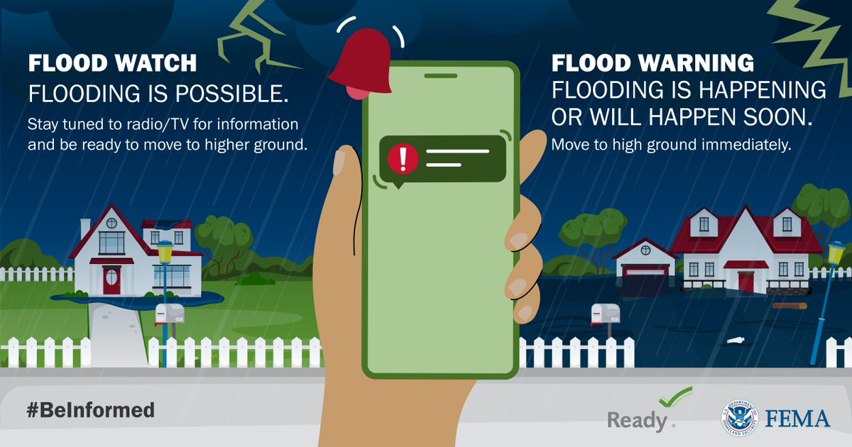 FEMARegion6's tweet image. Watch vs. Warning
Know the alerts:
- Flood Watch = Be ready
- Flood Warning = Take action
- Flash Flood Warning = Get to higher ground!
📲 ready.gov/alerts
#FloodSafety #TurnAroundDontDrown #TXWX #FEMARegion6 #NMWX