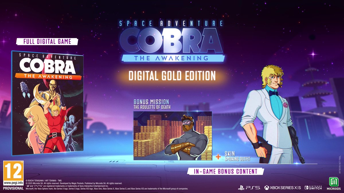 CobraTheGame's tweet image. Pre-order our Digital Gold Edition to receive exclusive rewards!
🎮 Full digital game
🎯 Bonus mission
🎩 Smoking outfit
Available for PS5, Xbox Series and Nintendo Switch!
⭐ PS: store.playstation.com/en-us/concept/…
⭐ Xbox: xbox.com/en-US/games/st…
⭐ Switch: nintendo.com/us/store/produ…