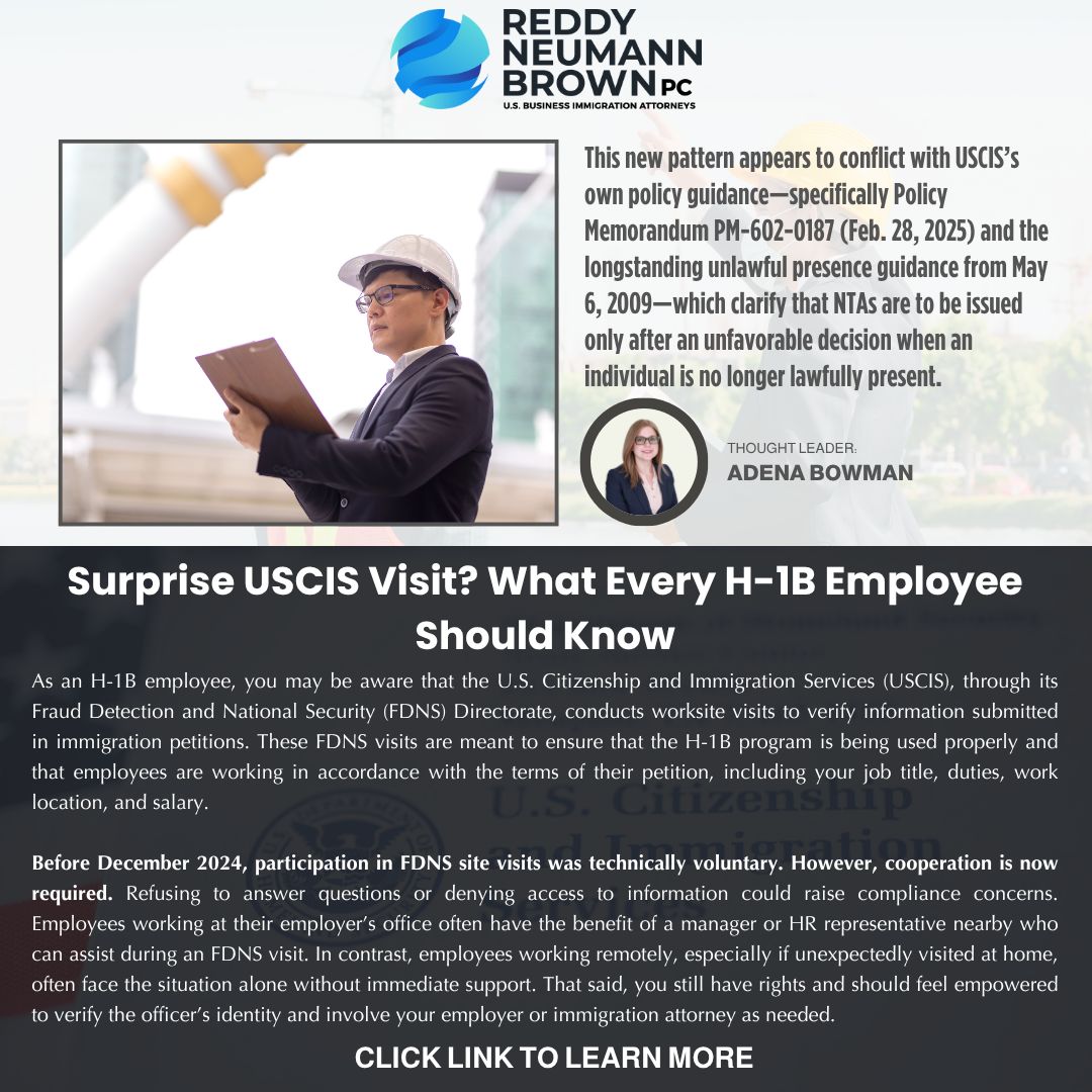 rnlawgroup's tweet image. Surprise USCIS Visit? If you're on an H-1B visa, a knock at your door or an unexpected call could be from USCIS. Do you know your rights, what to say, and how to protect your status during a site visit? Join Adena Bowman in todays article to see what every H-1B employee should be…