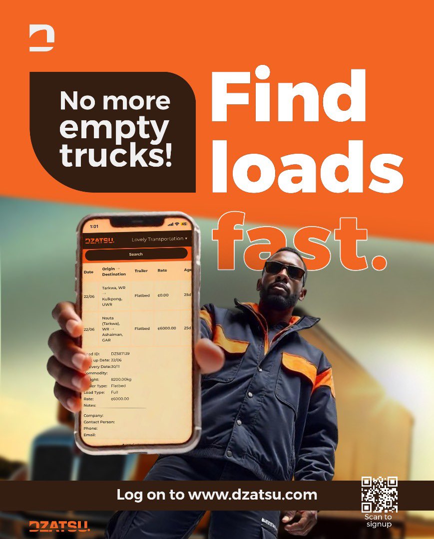 DzatsuSystems's tweet photo. No more empty trucks. No more wasted time.

Drivers across Ghana are now finding loads in seconds with Dzatsu — the smart load board built for YOU.

Post. Match. Move.

Sign up now at https://t.co/sSF4HJ3ju6
#Dzatsu #GhanaTrucking #FindLoadsFast #NoMoreEmptyTrucks #loadboard https://t.co/N4kyowK967