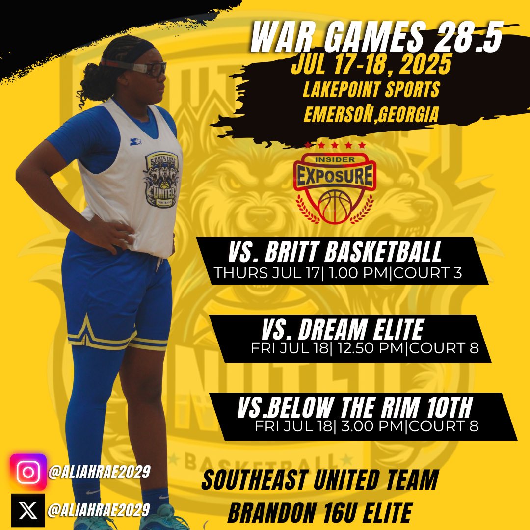Aliahrae2029's tweet image. 🔥 WAR GAMES 28.5 IS HERE 🔥
Southeast United Brandon 16U Elite is locked in and ready for battle at LakePoint Sports – Emerson, GA this week! 🏀💪🏽
📅 JULY 17-18, 2025
👀 Catch us at the following matchups:
🆚 Britt Basketball
🕐 Thursday, July 17 | 1:00 PM | Court 3
🆚 Dream…