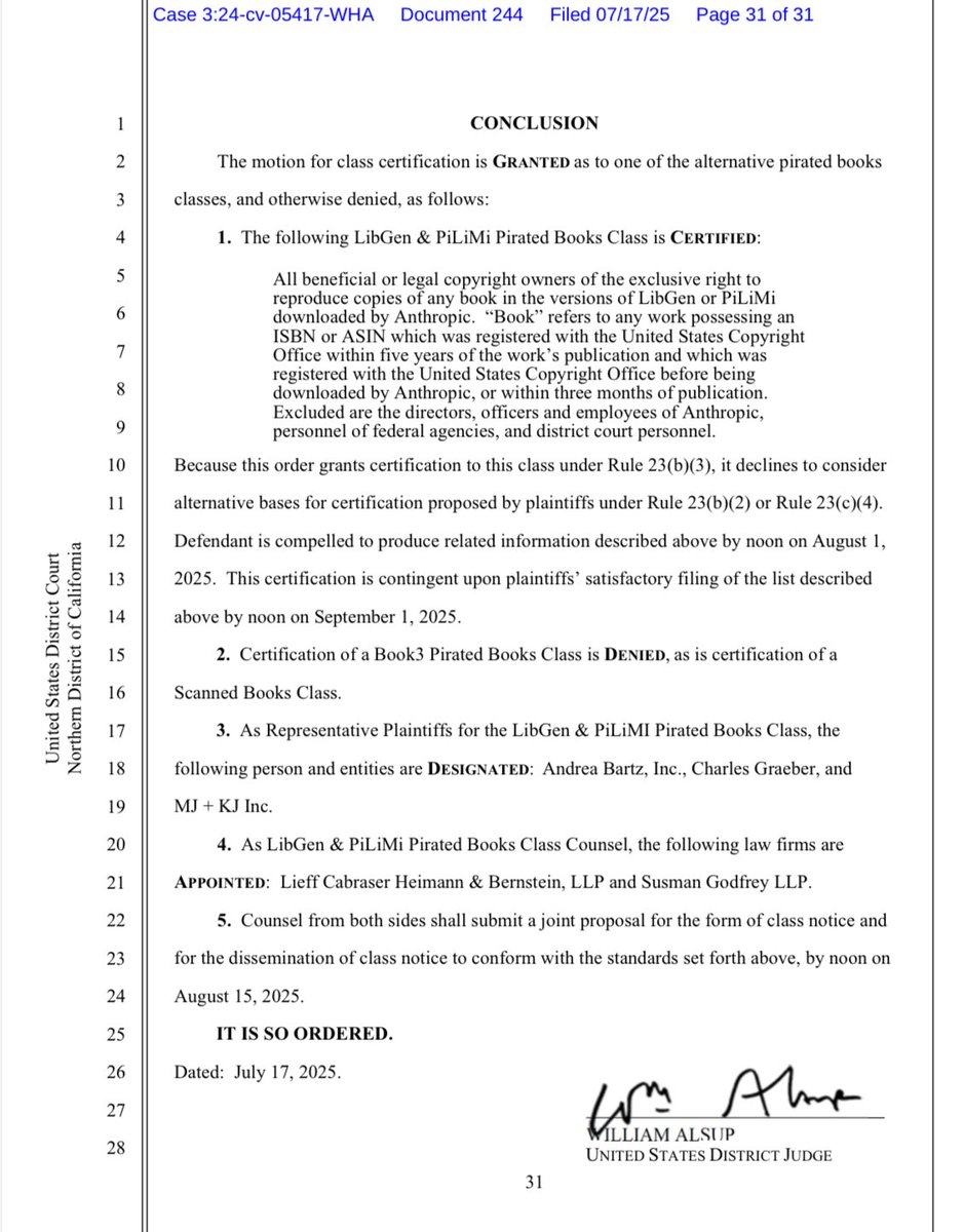 BREAKING NEWS: Judge Alsup certifies first class action based on some pirated books datasets in Bartz v. Anthropic. Order: storage.courtlistener.com/recap/gov.usco…