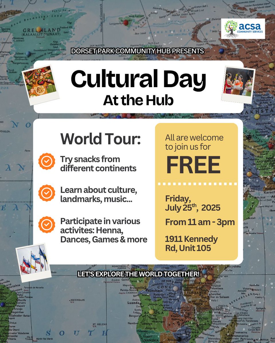 Join us at Dorset Hub's Community Cultural Day!

🗓️ Friday, July 25, 2025 
🕚 11AM – 3PM
📍 Dorset Park Hub - 1911 Kennedy Rd, Unit 105
 
FREE ENTRY!

#ScarbTo #TorontoNonProfit #Scarborough #CommunityHub #Cultural #CelebrateDiversity #TorontoEvents2025 #Todointoronto