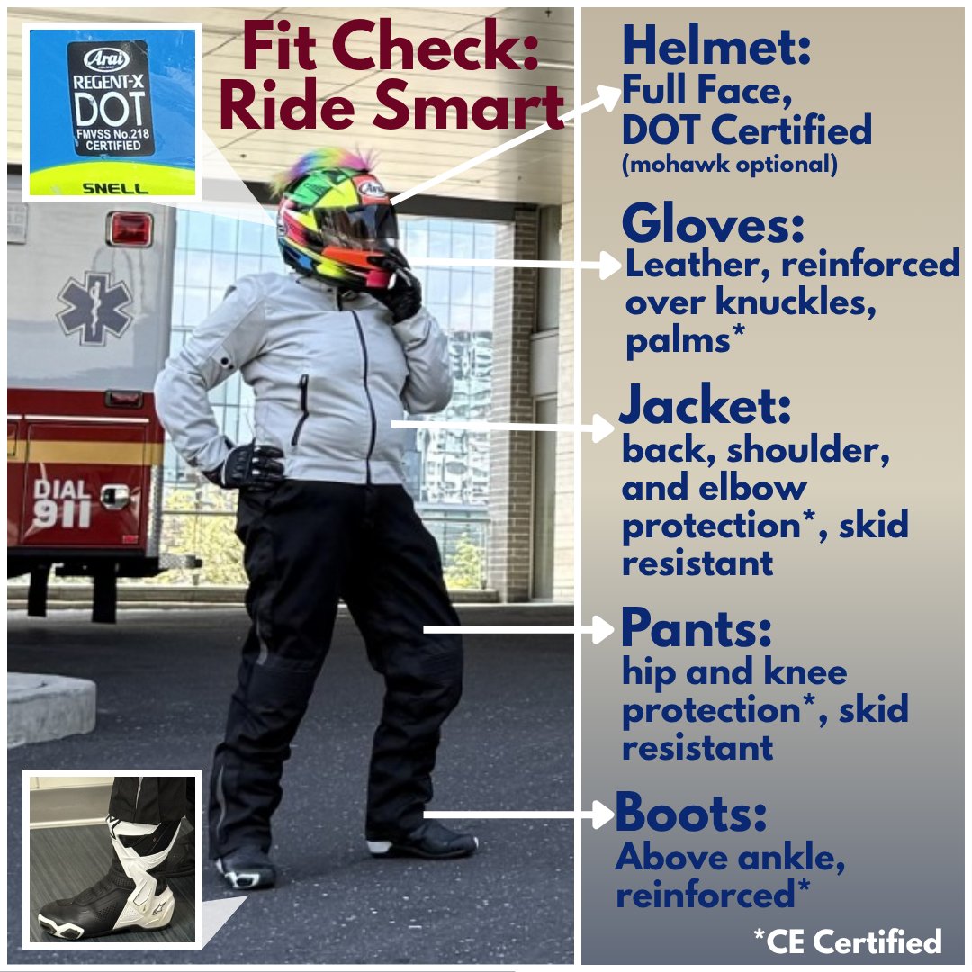 PennTrauma's tweet image. Last week was #NationalMotorcycleDay! 🏍️
Ride smart:
✅Helmet: Full-face, Snell/DOT rated
✅Gear: CE armor & abrasion-resistant
✅Gloves & Boots: Gloves protect hands; boots above the ankle with solid soles
Gear up — get home safe. 🧡