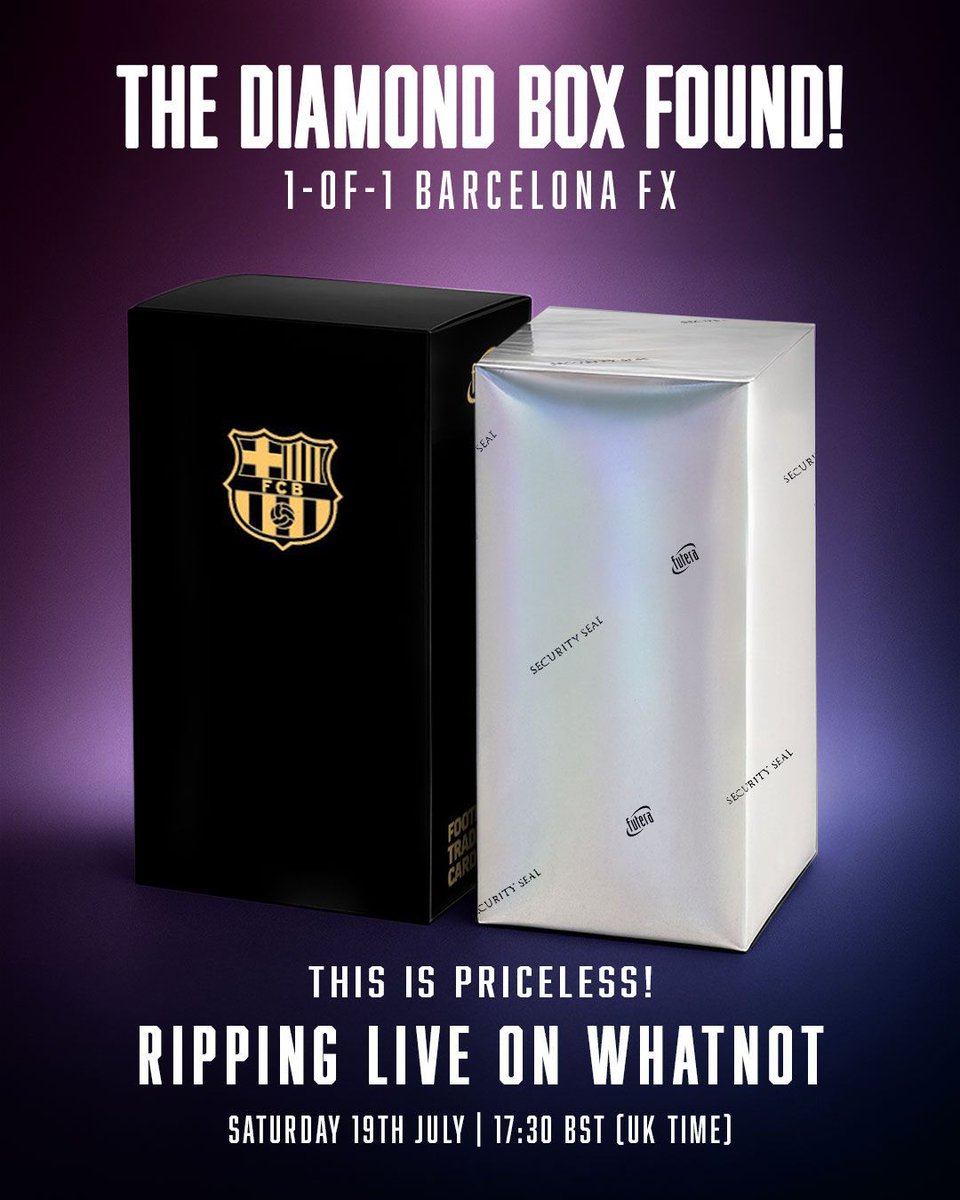 Futera's tweet image. A Diamond Box has surfaced…
The Futera FC Barcelona Diamond Box is in the UK — and it's going LIVE!
🗓 19/7 at 17:30 BST
🎥 Box break live by @whatnotsports
🔗 Don’t miss one of the rarest Futera moments
Set your reminder 👇
#Futera #DiamondBox #FCBarcelona #CardBreak…