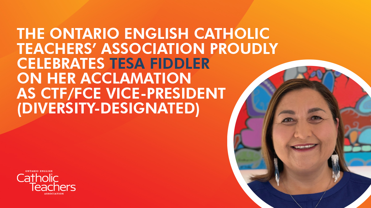 OECTAProv's tweet image. Congratulations to Tesa Fiddler on her acclamation as @CTFFCE Vice-President (Diversity-designated)!🎊
Your leadership & advocacy for equity in education continue to inspire us all. #CatholicTeachers look forward to working together to build a more just & inclusive future!🌿✊