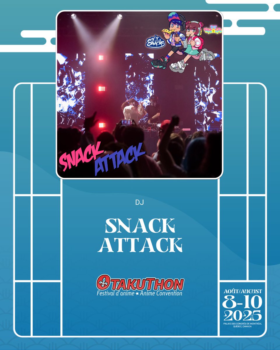 otakuthon's tweet image. 📣 NEW GUESTS : SNACK ATTACK 📣
🎧 This DJ duo has been dishing out cute bangers since 2016.
🪩 Performed in club gigs from various locations, such as Los Angeles and Kōbe (Japan), and at festivals, such as Anime Expo and San Japan.
🔗 : go.otakuthon.com/2yi0U
#OTAK25 #Otakuthon
