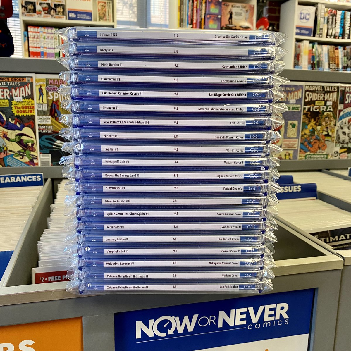 NowOrNeverComic's tweet image. We got this batch of books back from CGC just in time, adding another 20 graded books to the bins (all 9.8s!) with less than a week until Comic-Con. More new stuff going out every day!