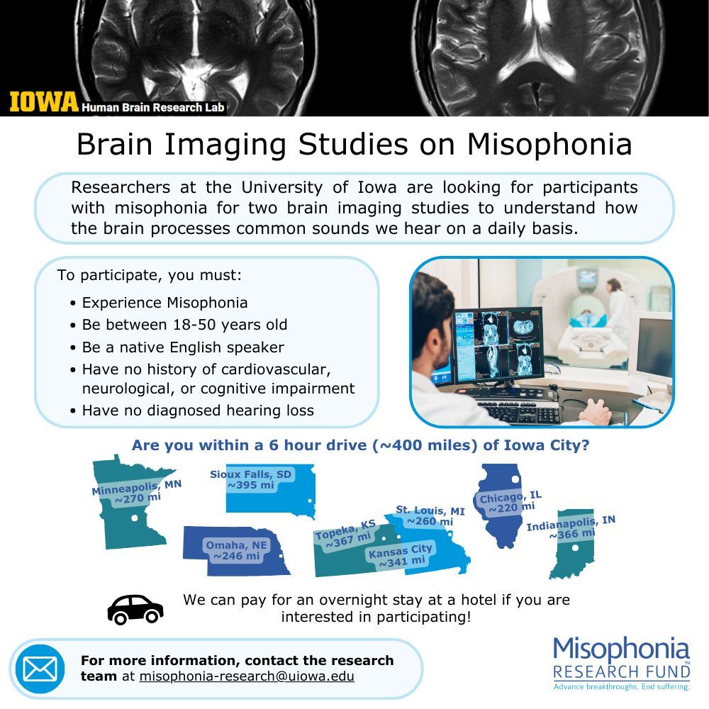 Misophonia Research Fund (@misophoniafund) on Twitter photo Have you wanted to participate in a brain imaging study for #misophonia?
Researchers at the University of Iowa are still recruiting for their study!
If you are interested, please email the researchers directly at misophonia-research@iowa.edu to sign up!
#MisophoniaResearch Have you wanted to participate in a brain imaging study for #misophonia?
Researchers at the University of Iowa are still recruiting for their study!
If you are interested, please email the researchers directly at misophonia-research@iowa.edu to sign up!
#MisophoniaResearch