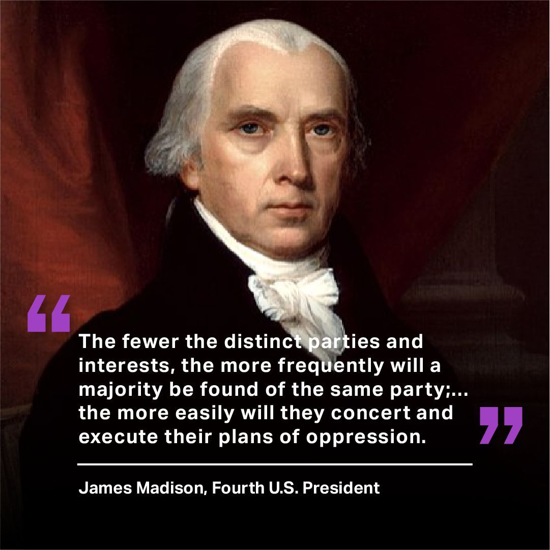 fusionvoting's tweet image. James Madison understood that political parties were an inherent part of our Constitution and government structure. Parties are expected, and can be beneficial to the people when they offer diversity of thought.