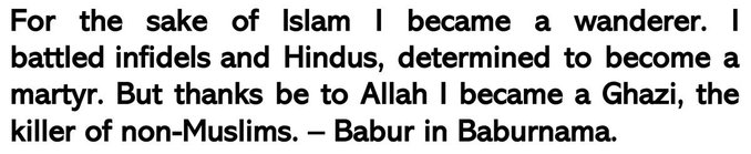 Prashan63858110's tweet image. Babur in Nehru&apos;s words: Babur was one of the most cultured and delightful persons one could meet. He did not destroy. There was no sectarianism in him. Babur was a gallant knight. Babur was not a religious bigot. (From, Glimpses of World History)

Babur in Babur&apos;s words: