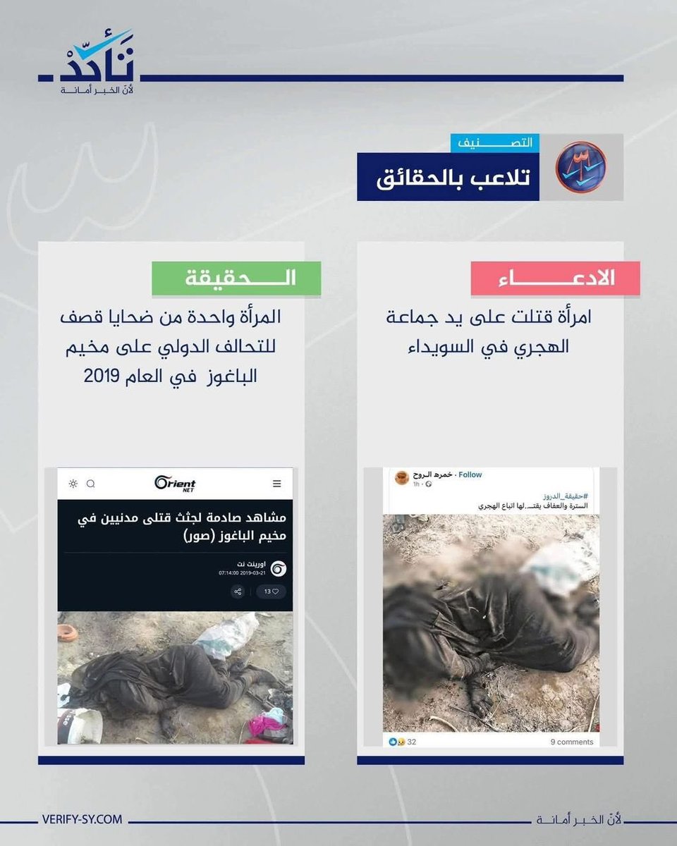 mahersharafeddi's tweet image. حملة أكاذيب غير مسبوقة تحاول قلب المشهد لتحويل أهل السويداء من ضحايا عمليات تطهير طائفية… إلى عصابات ترتكب المجازر بحق أهلنا العشائر البدوية!!
اليوم شاهدت فيديو وحشياً مزيفاً، والكثير من الصور… هذه واحدة منها!