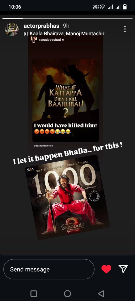 Mohaaakaal's tweet photo. #Baahu &amp; #Bhalla are Playing Via Instagram Story 😆😂.

#Bahubali #BhallalDev #Bahubali2 #BahubaliTheEpic #Prabhas #RanaDaggubati #SSRajamouli https://t.co/q3inswubD7