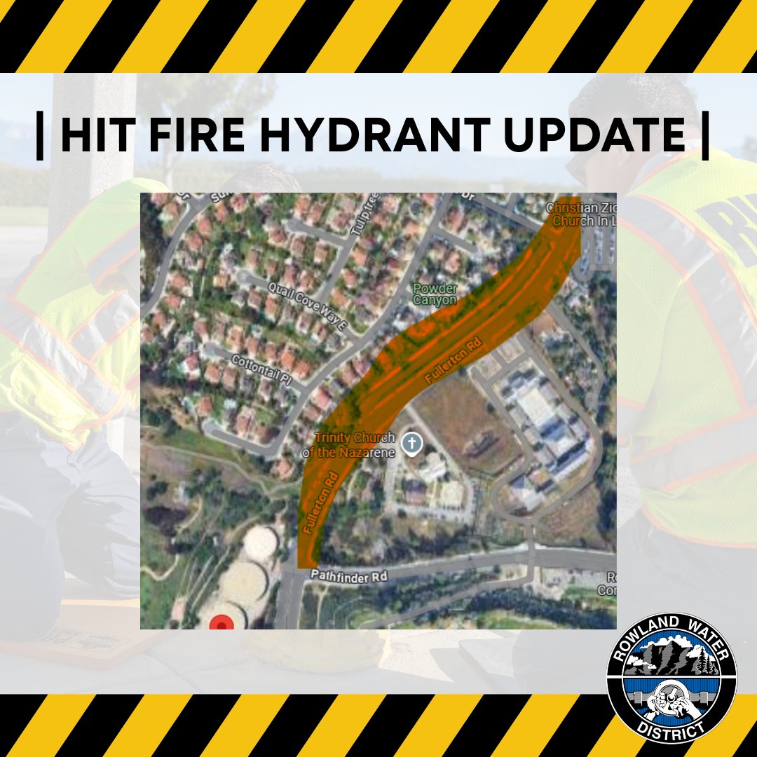 Rowland Water District crews are actively working to repair the fire hydrant that was struck earlier today.

🚧Fullerton Road remains closed between Pathfinder Rd. and Sunrise Dr. as our team continues repair efforts and ensures the area is safe.

We appreciate your patience and