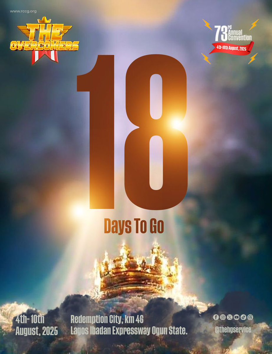 TheHGService's tweet image. 18 Days to Go!
Get ready to receive a crown that never fades.
“For everyone born of God overcomes the world. This is the victory that has overcome the world, even our faith.”
— 1 John 5:4 (NIV)
Date: August 4th–10th, 2025
Venue: Redemption City, KM 46, Lagos–Ibadan Expressway,…