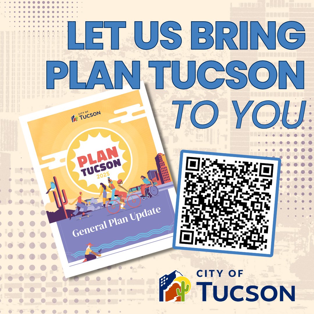 Want to learn more about Plan Tucson 2025? Let us bring the conversation to you.

We can present at your neighborhood group or community meeting. Learn how the general plan will shape our city's growth and development for the next decade.

Request form: tucsonpdsd.info/PlanTucsonPres…