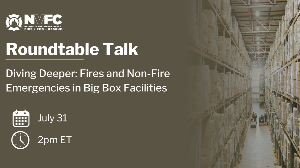 NVFC's tweet image. 🚨 How prepared is your department for big-box facility emergencies?
Join us for a Roundtable Talk on July 31 at 2pm ET as we dive deeper into the unique challenges of fires and non-fire emergencies in big-box buildings.
Register now ➡️ bit.ly/44fstrP