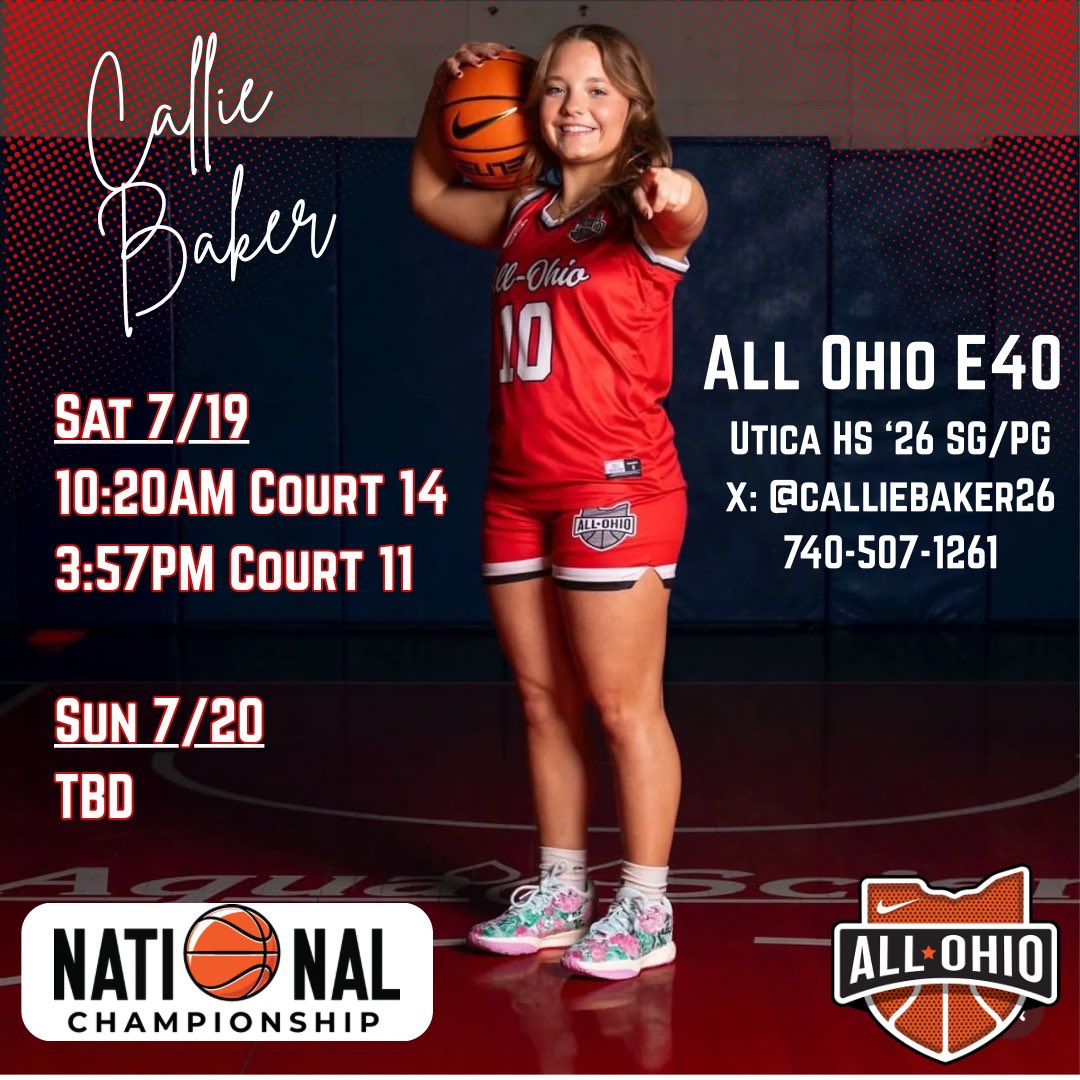 Callie Baker (@calliebaker26) on Twitter photo Super excited to hit the road for Natl’s in KY one last time! Please come check out my team! 🅰️🅾️❗️
<a href="/Onuwomensbball/">ONU Women's Basketball</a> <a href="/KadieHempfling/">Kadie Hempfling</a> <a href="/WoosterWBB/">Wooster WBB</a> <a href="/MuskingumWBB/">Muskingum Women's Basketball</a> <a href="/CoachRMcClain/">Ryan McClain</a> <a href="/wittwbb/">Witt Women's Basketball</a> <a href="/Melissa_Kolbe/">Melissa Kolbe</a> <a href="/Smackay14/">Samantha Mackay</a> <a href="/RIOWBB/">University of Rio Grande Women’s Basketball</a> <a href="/CapitalWBB/">CapitalWBB</a> <a href="/Marietta_WBB/">Marietta College WBB</a> <a href="/BW_wbasketball/">BW Women's Basketball</a> <a href="/AllOhioGirls/">All Ohio Girls Basketball</a> Super excited to hit the road for Natl’s in KY one last time! Please come check out my team! 🅰️🅾️❗️
<a href="/Onuwomensbball/">ONU Women's Basketball</a> <a href="/KadieHempfling/">Kadie Hempfling</a> <a href="/WoosterWBB/">Wooster WBB</a> <a href="/MuskingumWBB/">Muskingum Women's Basketball</a> <a href="/CoachRMcClain/">Ryan McClain</a> <a href="/wittwbb/">Witt Women's Basketball</a> <a href="/Melissa_Kolbe/">Melissa Kolbe</a> <a href="/Smackay14/">Samantha Mackay</a> <a href="/RIOWBB/">University of Rio Grande Women’s Basketball</a> <a href="/CapitalWBB/">CapitalWBB</a> <a href="/Marietta_WBB/">Marietta College WBB</a> <a href="/BW_wbasketball/">BW Women's Basketball</a> <a href="/AllOhioGirls/">All Ohio Girls Basketball</a>