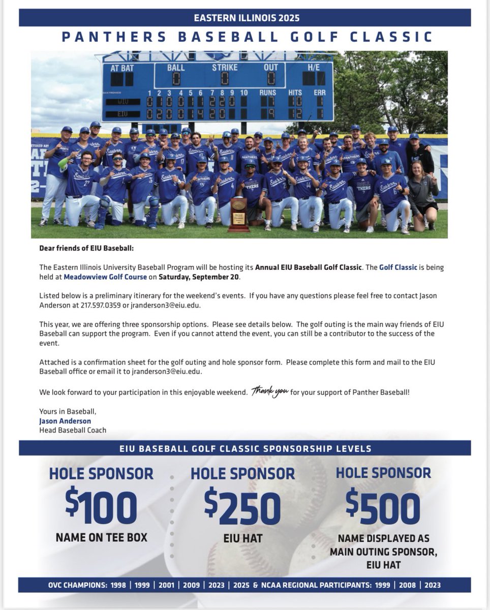 EIU_Baseball's tweet image. 2025 Golf Outing!
Join us on Saturday, September 20th at Meadowview Golf Course for our annual golf outing!
We are now accepting golfers, sponsors, and donators for the silent auction. Your help is greatly appreciated!