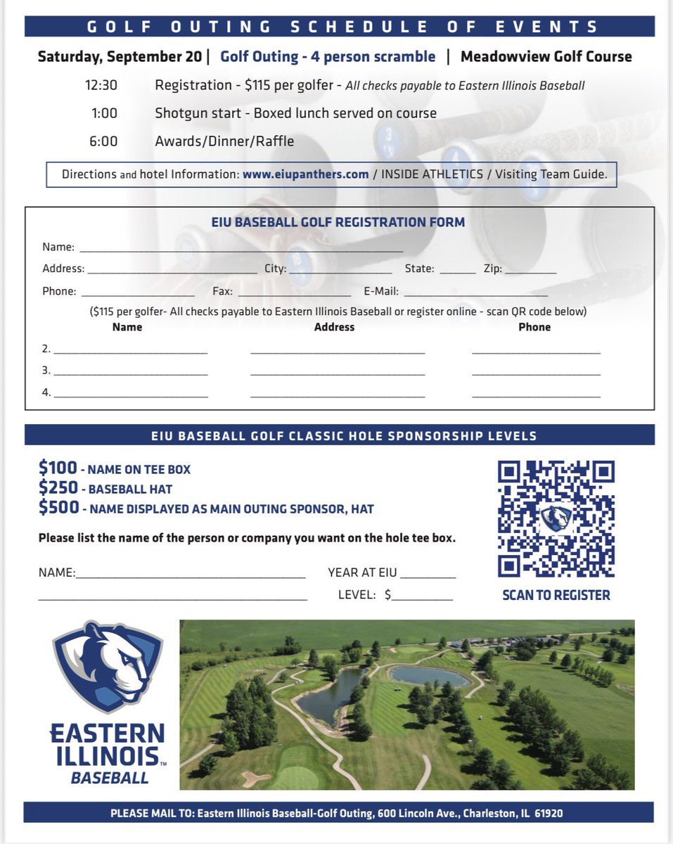 EIU_Baseball's tweet image. 2025 Golf Outing!
Join us on Saturday, September 20th at Meadowview Golf Course for our annual golf outing!
We are now accepting golfers, sponsors, and donators for the silent auction. Your help is greatly appreciated!