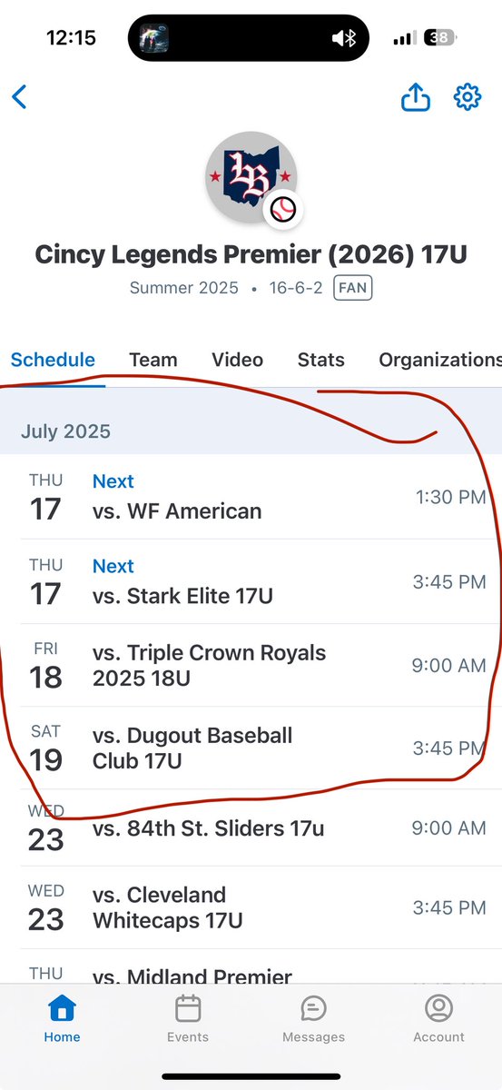 Coaches I am in Columbus this weekend at the pbt mid Ohio summer championship circled games are my game times