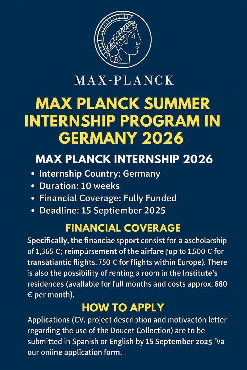 Sanjeev Varshney (@skvdst) on Twitter photo Summer Internship in <a href="/maxplanckpress/">Max Planck Society</a> Institutes for 10 weeks
A fully funded summer internship in Germany designed for UG and PG students in Biology, Chemistry, Computer Science, Math, Neuroscience, Physics, Psychology.
Apply at jobs.lhlt.mpg.de/en/jobposting/ā¦
Apply by 15th Sep 2025 Summer Internship in <a href="/maxplanckpress/">Max Planck Society</a> Institutes for 10 weeks
A fully funded summer internship in Germany designed for UG and PG students in Biology, Chemistry, Computer Science, Math, Neuroscience, Physics, Psychology.
Apply at jobs.lhlt.mpg.de/en/jobposting/ā¦
Apply by 15th Sep 2025