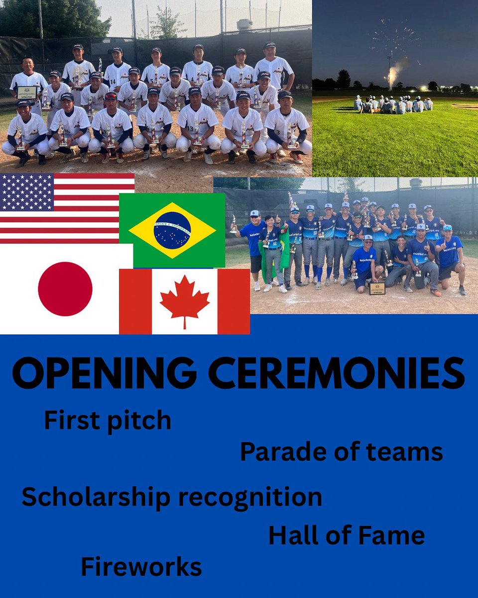Trying to plan your night? Come out to Mickey Sund at Lippold at 7pm tonight for Opening Ceremonies. Japan will be playing Midwest Halos Red 2028 on the Northeast field. Brazil will be playing US World Baseball of San Diego on the Northwest field. Games will follow.