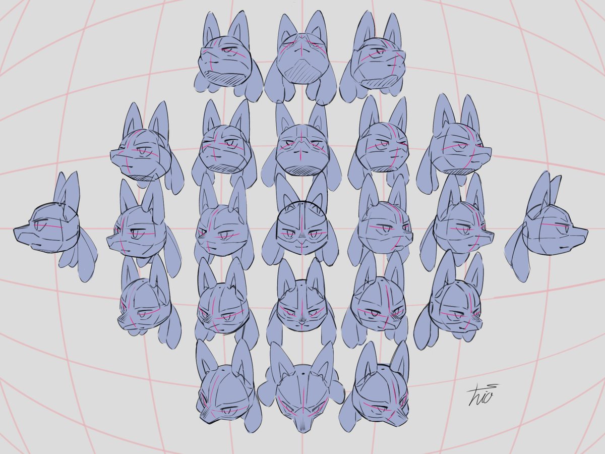 S2O3_chio's tweet image. ルカリオをモデルにキャラクターの顔をいろんな方向から立体的に描く練習