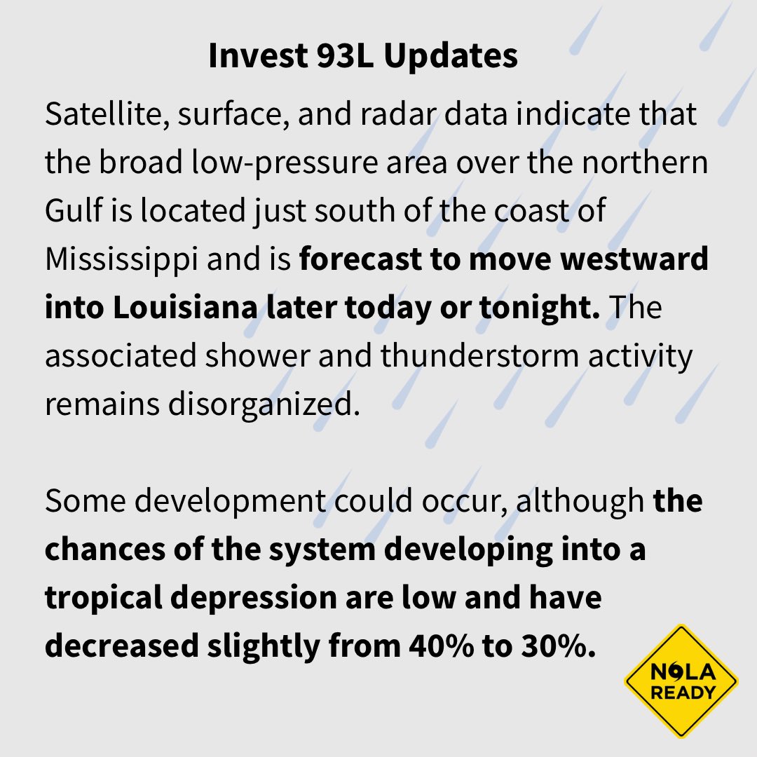 nolaready's tweet image. Invest 93L is forecast to move westward into Louisiana later today or tonight, bringing 2 to 4 inches of rainfall. Chances of it developing into a tropical storm have decreased from 40% to 30%.