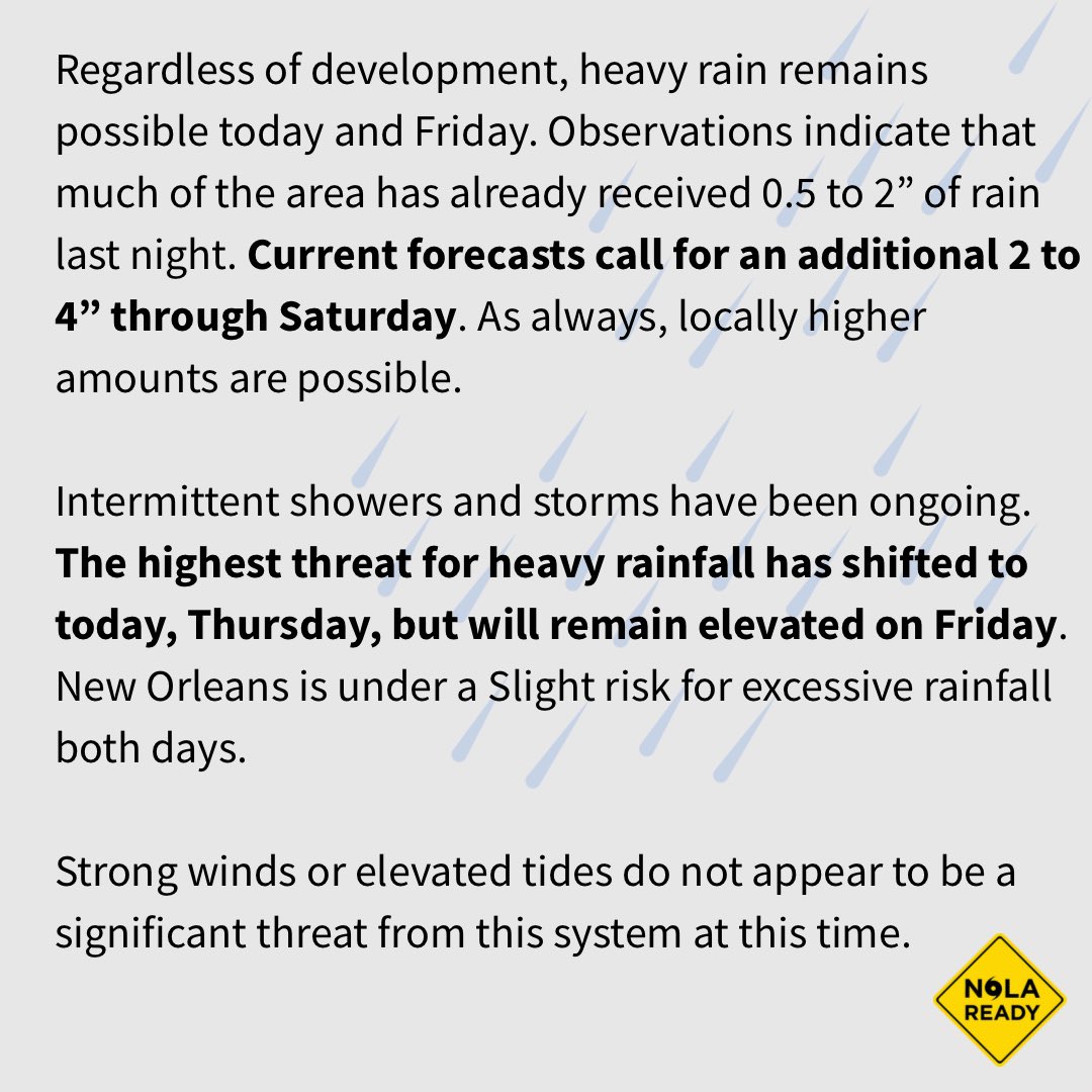 nolaready's tweet image. Invest 93L is forecast to move westward into Louisiana later today or tonight, bringing 2 to 4 inches of rainfall. Chances of it developing into a tropical storm have decreased from 40% to 30%.