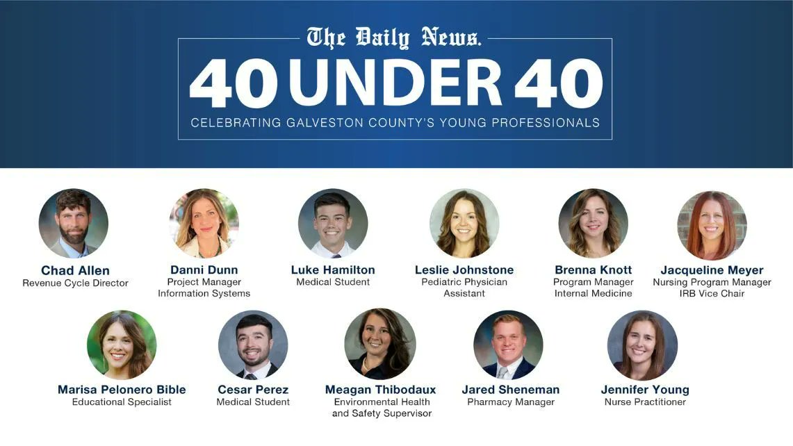 UTMBPresident's tweet image. Congratulations to the @utmbhealth staff and students recognized in the @GalvNews 2025 “40 Under 40” list. This recognition speaks to their meaningful contributions that reflect UTMB’s mission and values. Each honoree exemplifies the dedication and excellence that drive our work…