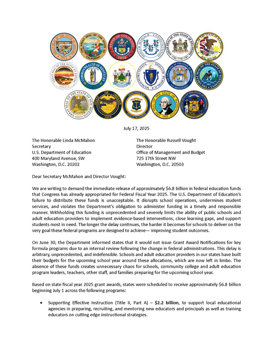 GovNedLamont's tweet image. Today I joined Governors from across the nation in writing to @EDSecMcMahon and @RussVought47 and urging that federal education funding already appropriated for 2025 be distributed as promised.
Our schools depend on this funding for student success. We cannot let them down.